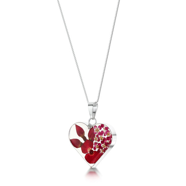 925 Silver Pendant - Real Flower Poppy/Rose - Med Heart