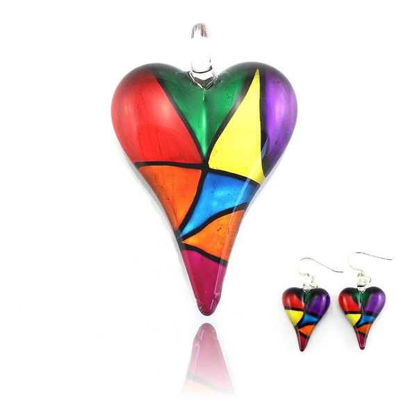 Hand Painted Glass Heart Pendant Necklace & Earring Set