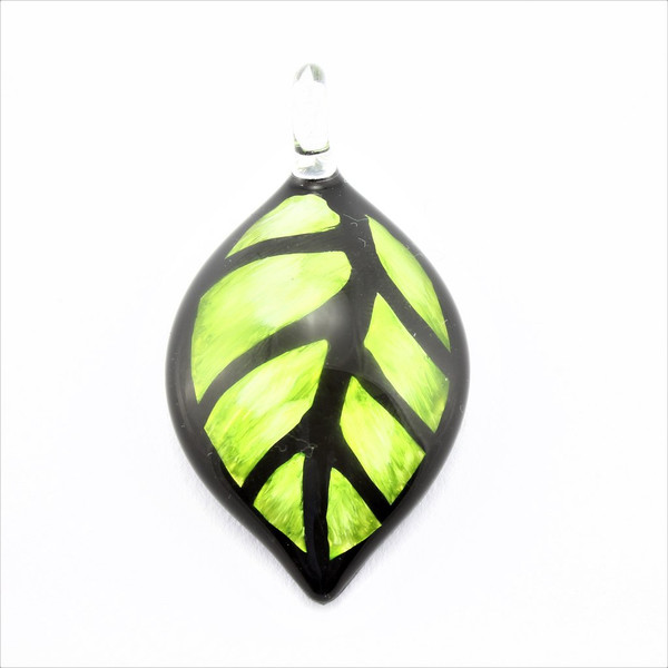 Hand Painted Green Leaf Glass Pendant Necklace