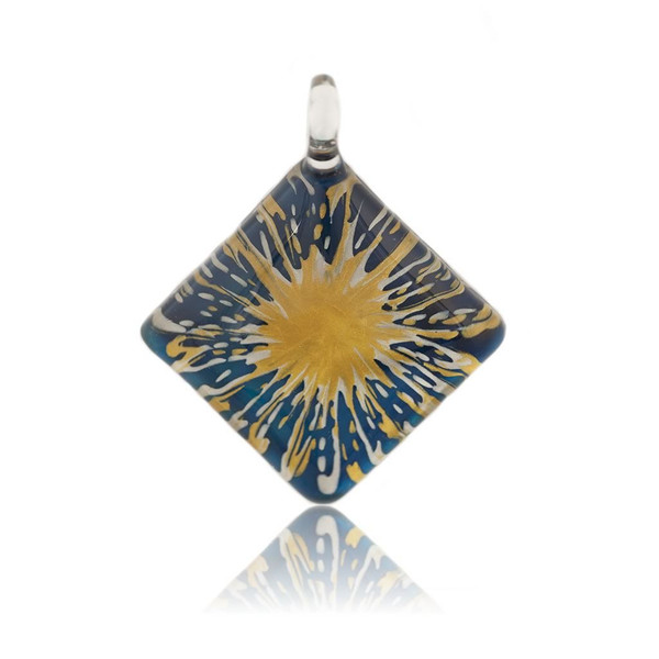 Hand Painted Blue Glass Diamond Gold Splash Pendant Necklace