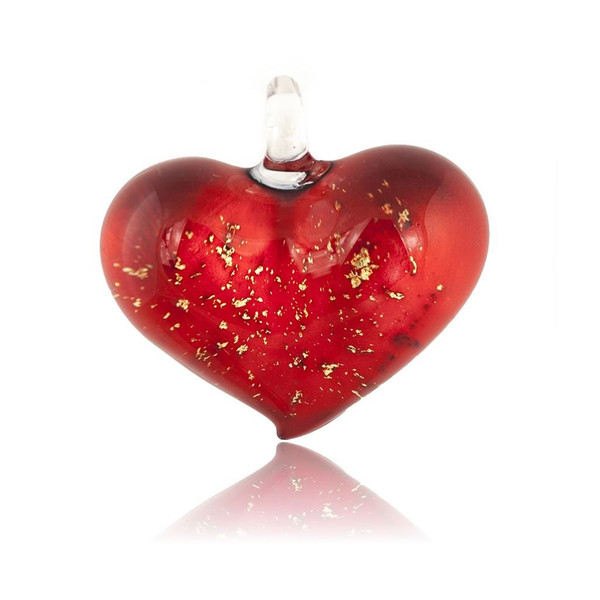 Hand Painted Red Glass Heart Gold Fleck Pendant Necklace