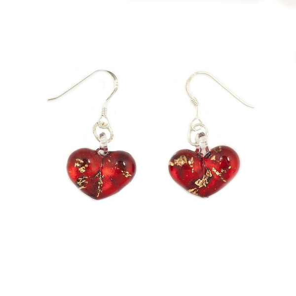 Hand Painted Red Glass Heart Gold Fleck Earrings