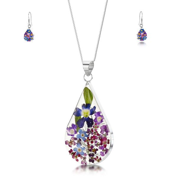 925 Silver Pendant & Drop Earring Set - Real Flower - Large Teardrop