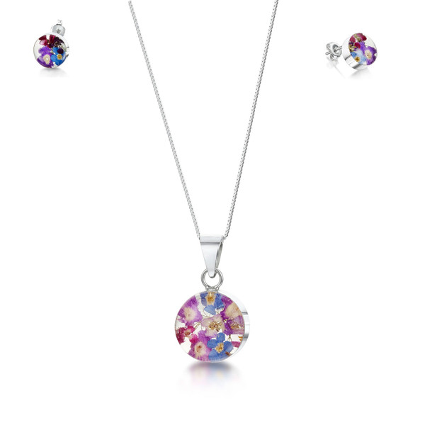 925 Silver Pendant & Earring Set - Purple Haze Real Flower - Round