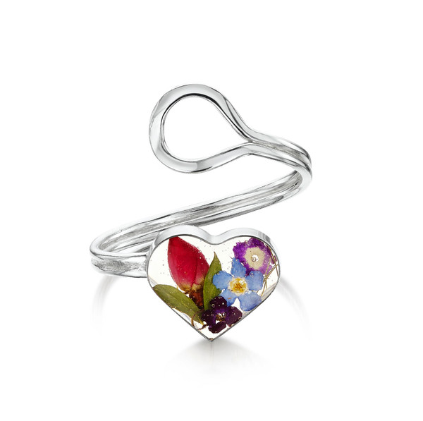 925 Silver Adjustable Heart Ring - Mixed Real Flower