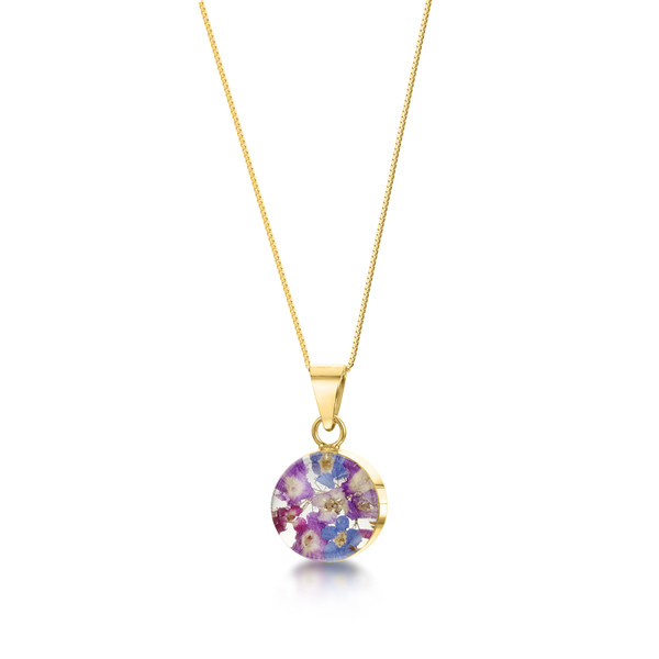 23K Gold Plated Sterling Silver Round Purple Haze Necklace - Real Flower