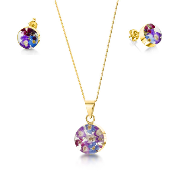 23K Gold Plated Sterling Silver Round Purple Haze Necklace and Earring set- Real Flower