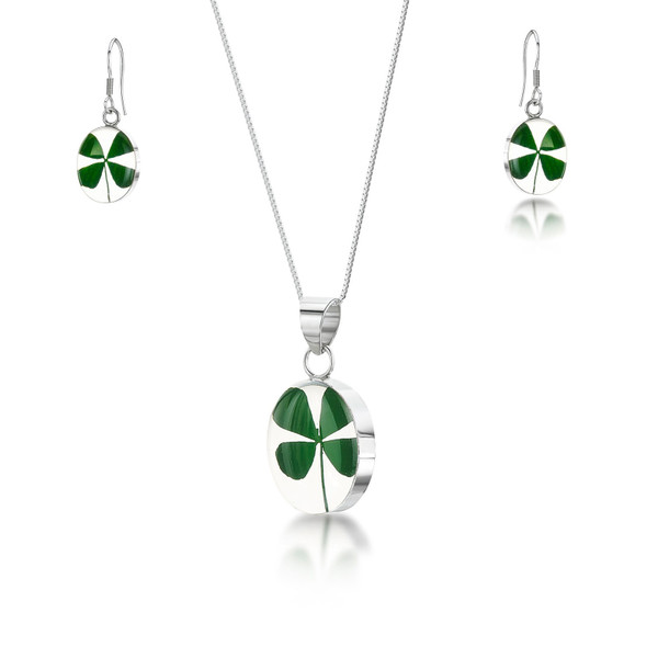 925 Silver Plated Four Leaf Clover Oval Pendant and Earring Set