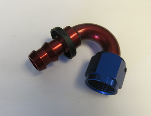 Fitting, Andrews Motorsports, Legends Race Car, XRP Twist-Tite 8AN x 150 Degree Hose End Red