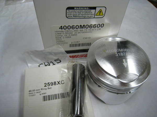 Wiseco Piston Kit, Honda CB350, CL350, SL350, 66.00mm, Single Piston Kit, 40060M06600