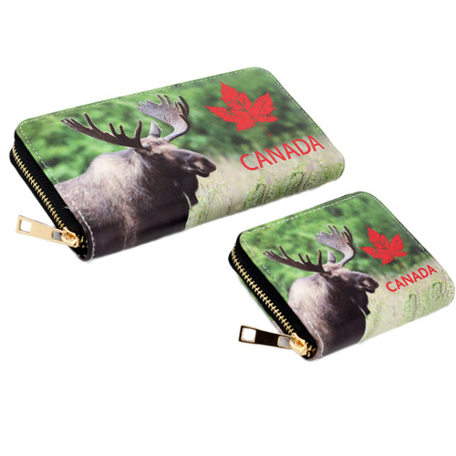 Zippered wallet with picture of moose and maple leaf, large & small
