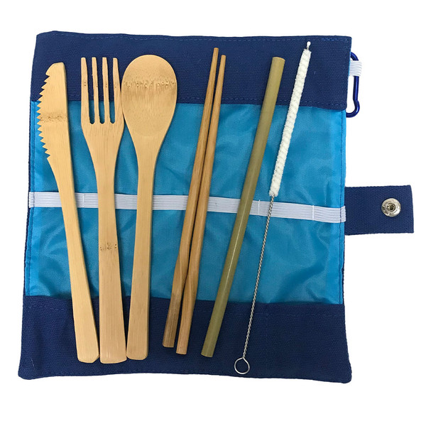 Set of Bamboo cutlery for travel - knife, fork, spook, chopsticks, straw and brush with a travel bag.