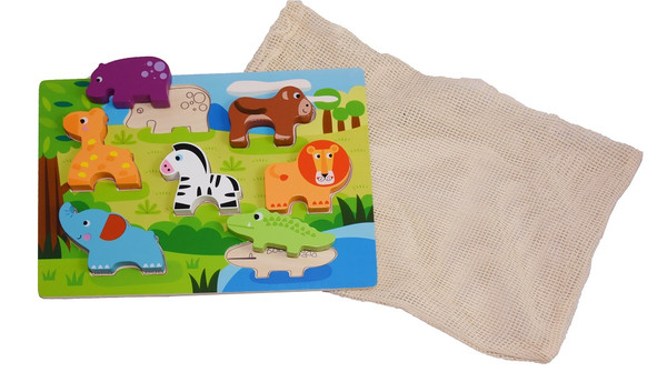 wooden animal puzzle with reusable cotton mesh bag