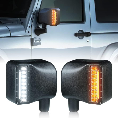 Xprite Smoke Lens LED Side Mirror with White Spot Lights and Amber Turn Signal Lights For 2007-2018  Wrangler JK