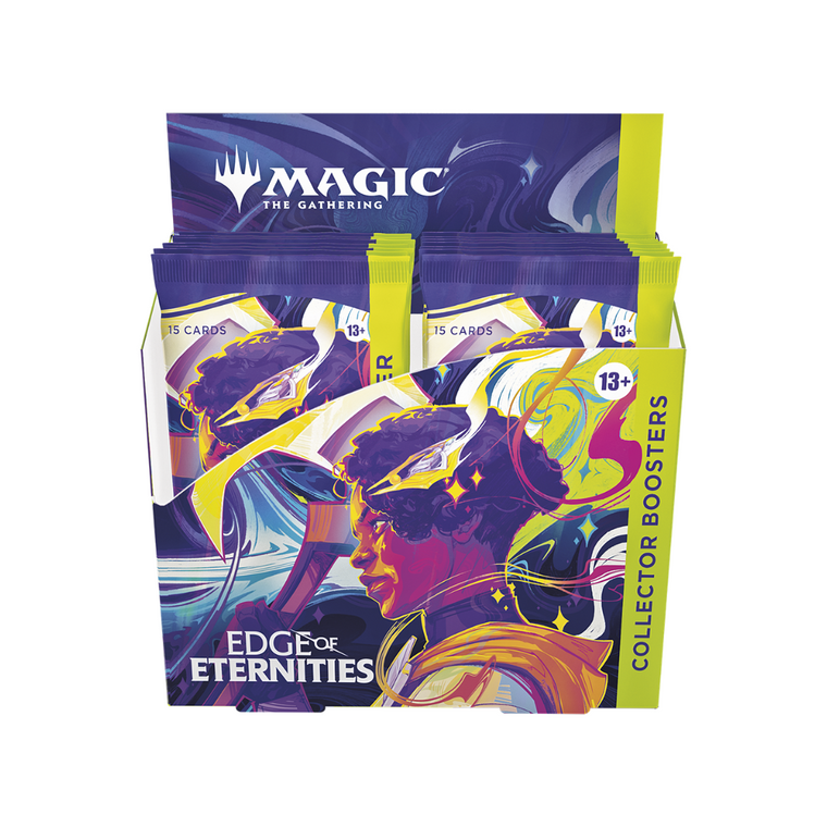 eatures
12 Edge of Eternities Collector Boosters; each Collector Booster contains:
15 Magic: The Gathering cards
Collector Boosters may contain these cards: EOE 1–266, 277–392; EOC 1–4, 25–44; EOS 1–180; SPG 119–128
0–3 Galaxy Foil and 10–13 Traditional Foil cards
Includes 5 cards of rarity Rare or higher and 4 Uncommon, 5 Common, and 1 Land cards
Headliner Mythic in <1% of boosters
Product Description
Get ready for an interstellar adventure with Magic: the Gathering Edge of Eternities Collector Booster Box, arriving soon at GameStop! Dive into a captivating space-fantasy realm where you can explore the mysterious Sothera system, harness powerful spells, and engage in epic battles against alien factions.
Unleash your strategic prowess as you navigate through distant planets, each filled with unique challenges and magical wonders. Don't miss your chance to experience this thrilling expansion and find magic among the stars!