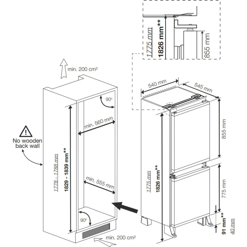 Hotpoint HPKS 1262 B4UK 178cm 50/50 Integrated Fridge Freezer with Sliding Door Fixing Kit - White - Annotation - Dimension shot