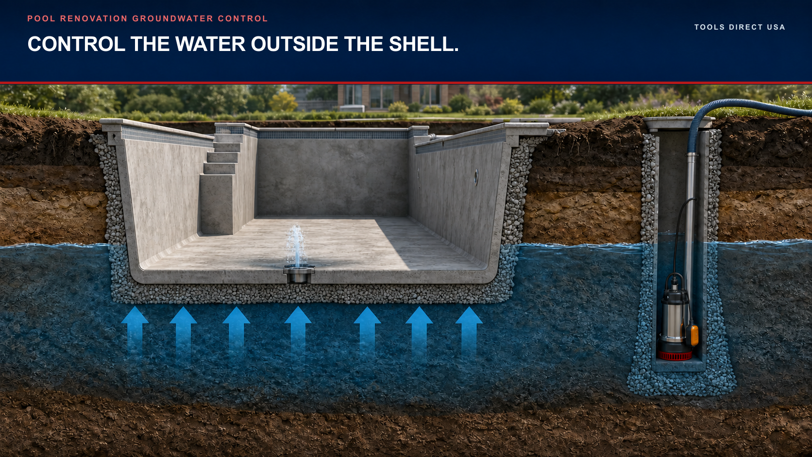Realistic cutaway of an empty concrete pool surrounded by groundwater, with upward hydrostatic pressure, an open relief path and a pumped well point.