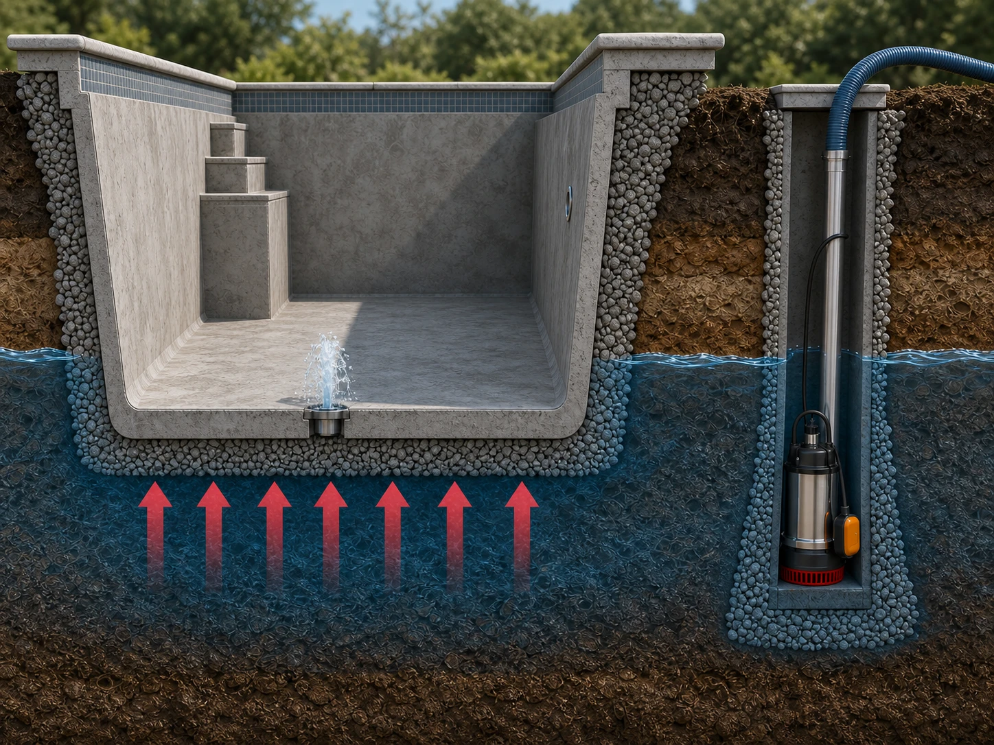 Realistic cutaway of an empty concrete pool with exterior groundwater pressure, an open hydrostatic relief path and a pumped well point.