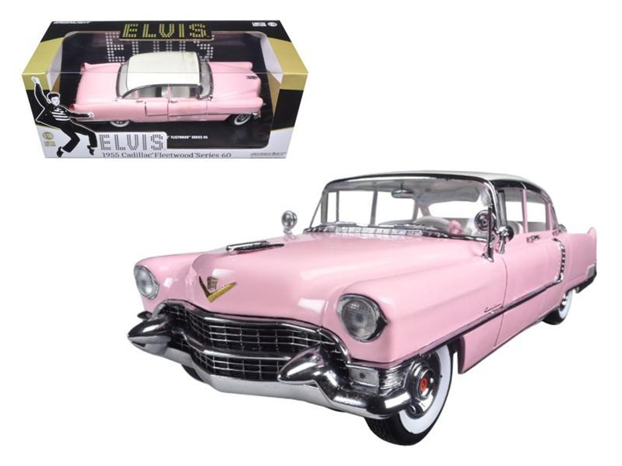 Elvis Presleys 1955 Pink Cadillac Fleetwood Series 60 with Elvis Presley Figurine 1/43 Diecast Model Car by Greenlight 86436 