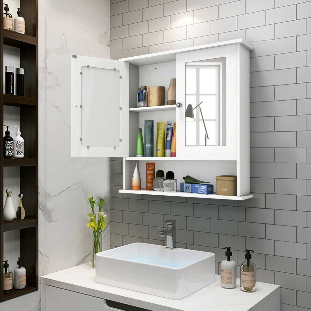 Details about   Bathroom Bath Cabinet Wall Mount Storage Organizer Rack w/ Mirrors Door 
