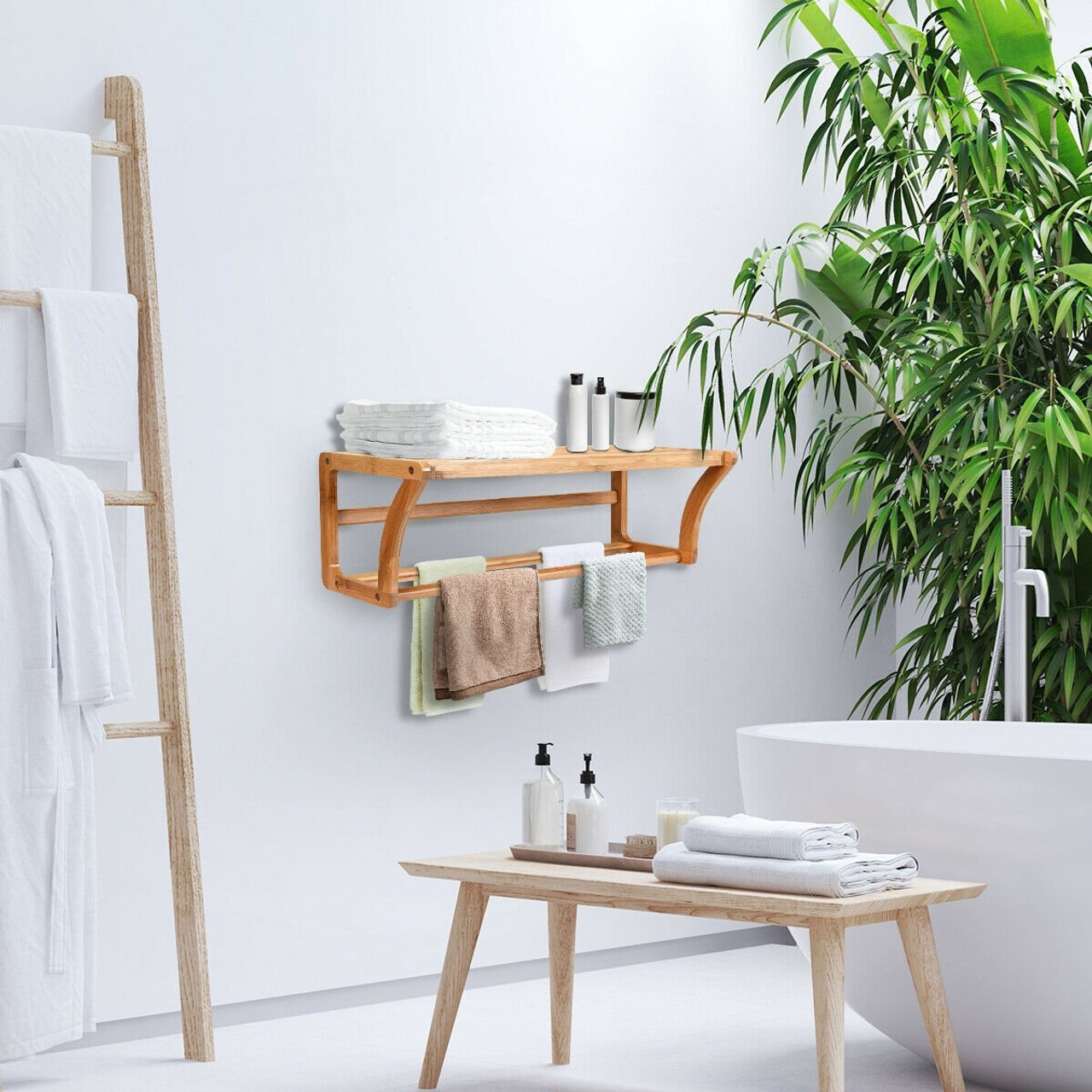 Bamboo Towel Bar Wall Mounted Storage Towel Rack Bathroom Shelf Hw61674 By Cw