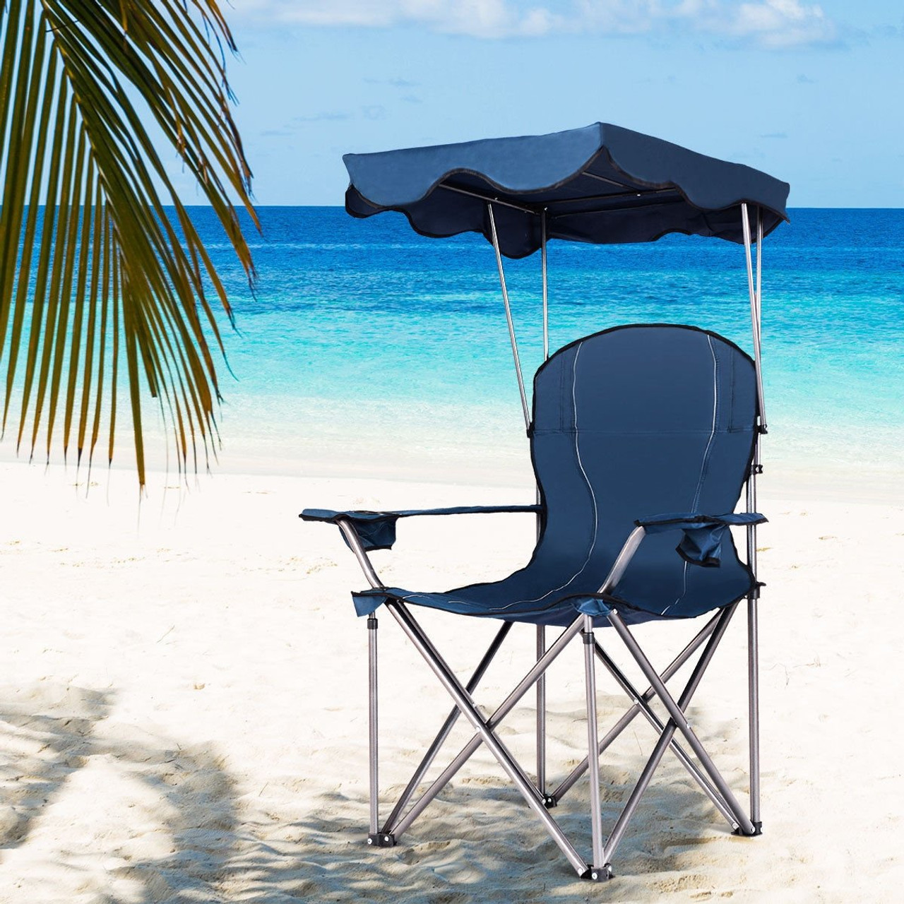 portable folding beach canopy chair with cup holdersblue op3640bl