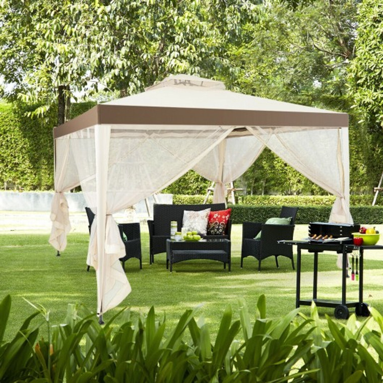 10' X 10' Canopy Gazebo Tent Shelter With Mosquito Netting Outdoor Patio-Beige OP3867BE