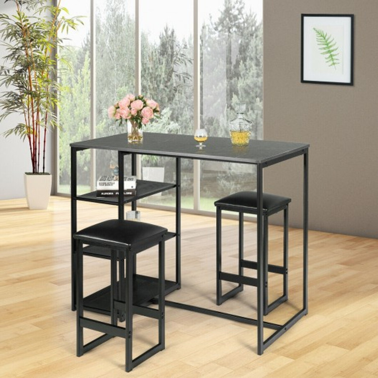 3 Pcs Dining Set With Faux Marble Top Table And 2 Stools-Black HW67556BK