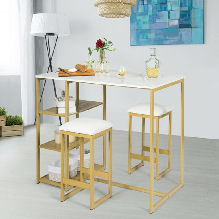 3 Pcs Dining Set With Faux Marble Top Table And 2 Stools-Golden HW67556GD