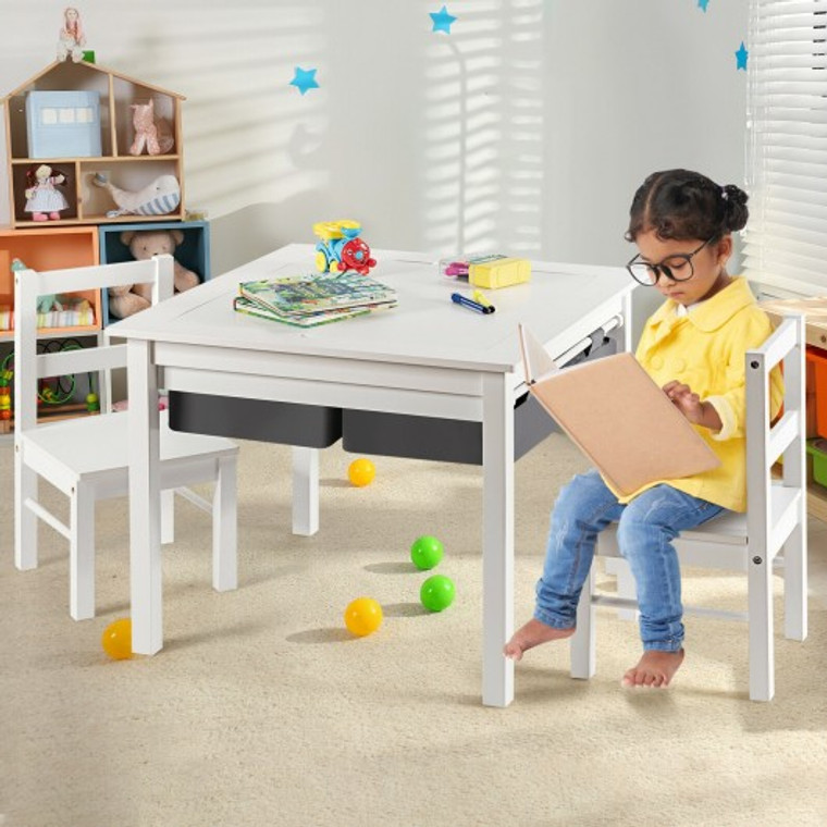 5-In-1 Kids Activity Table And 2 Chairs Set With Storage Building Block Table-White HW64631WH