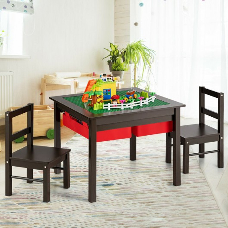5-In-1 Kids Activity Table And 2 Chairs Set With Storage Building Block Table-Coffee HW64631CF