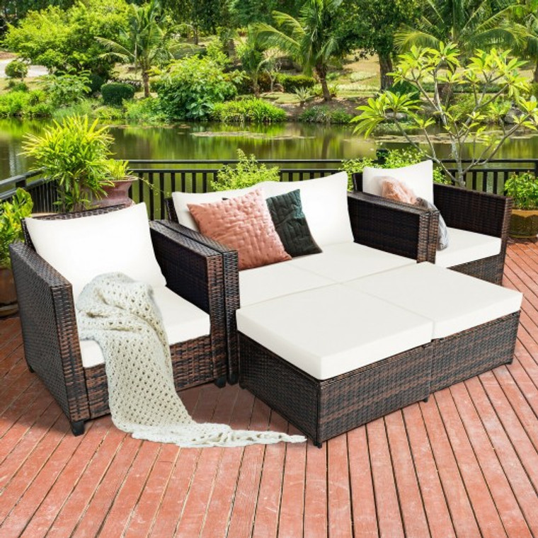 5 Pieces Patio Cushioned Rattan Furniture Set-White HW67697AWH+
