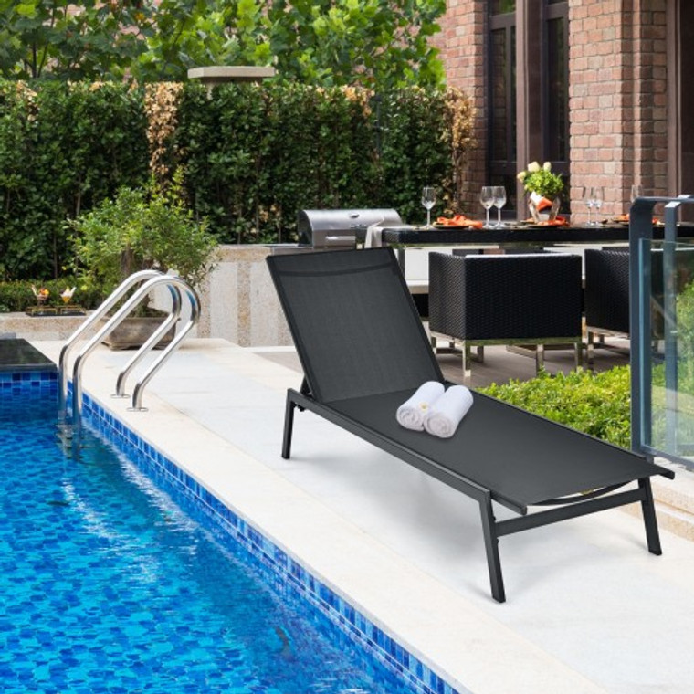 Outdoor Reclining Chaise Lounge Chair With 6-Position Adjustable Back-Black OP70828BK