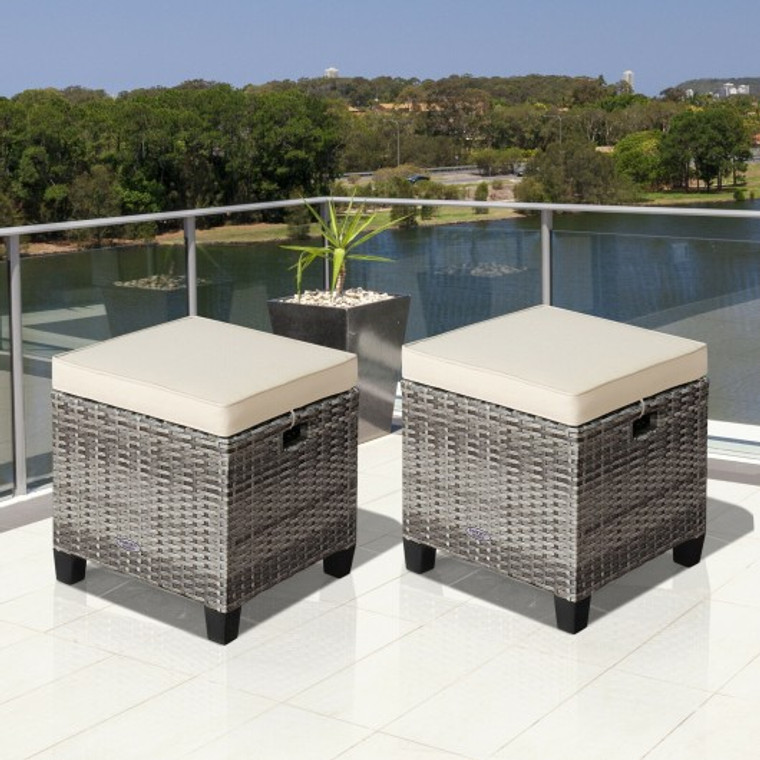 2 Pieces Patio Rattan Ottoman Seat With Removable Cushions-Beige HW67568WH