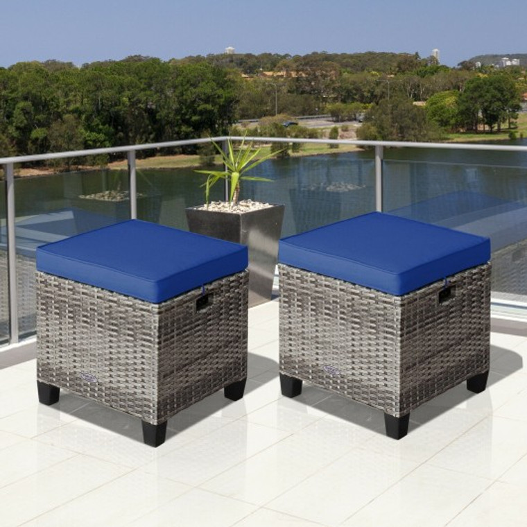 2 Pieces Patio Rattan Ottoman Seat With Removable Cushions-Navy HW67568NY