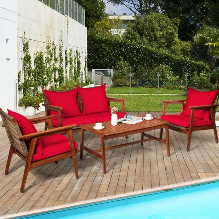 4 Piece Acacia Wood Patio Rattan Furniture Set-Red HW66517RE+