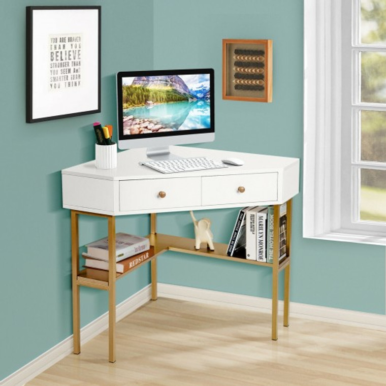 Space Saving Corner Computer Desk With 2 Large Drawers And Storage Shelf-Golden HW67561GD