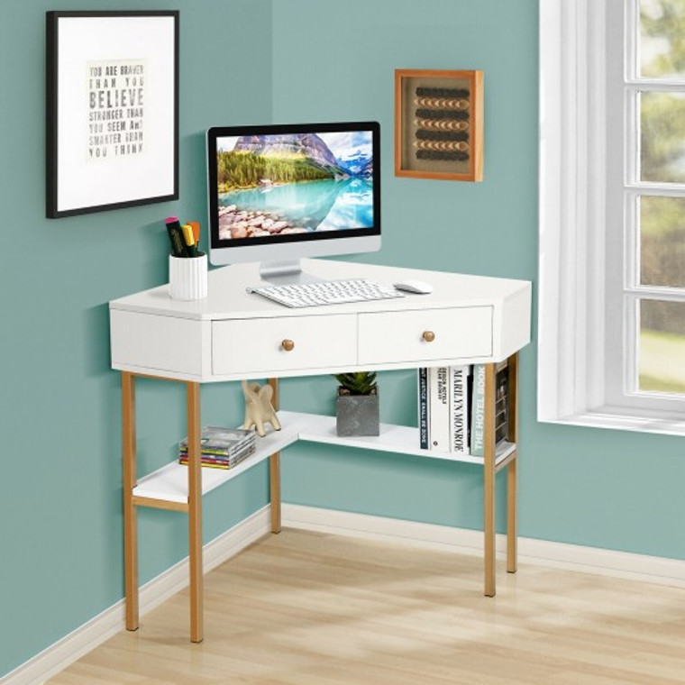 Space Saving Corner Computer Desk With 2 Large Drawers And Storage Shelf-White HW67561WH