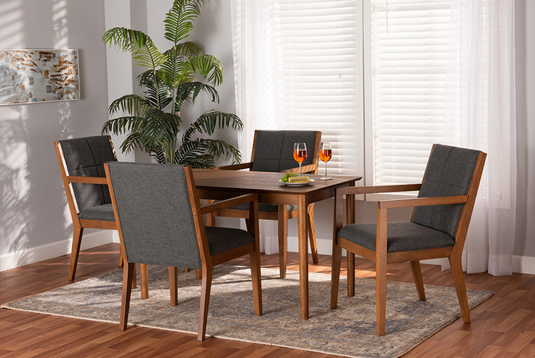 Baxton Studio Theresa Mid-Century Modern Dark Grey Fabric Upholstered and Walnut Brown Finished Wood 5-Piece Dining Set BBT5390-Dark Grey/Walnut-5PC Dining Set