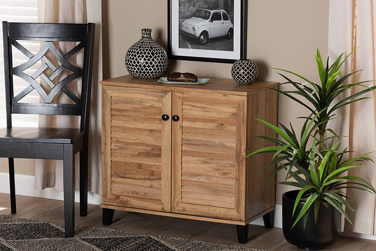 Baxton Studio Coolidge Modern and Contemporary Oak Brown Finished Wood 2-Door Shoe Storage Cabinet FP-01LV-Wotan Oak