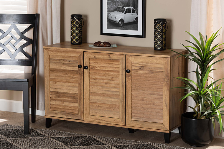 Baxton Studio Coolidge Modern and Contemporary Oak Brown Finished Wood 3-Door Shoe Storage Cabinet FP-04LV-Wotan Oak