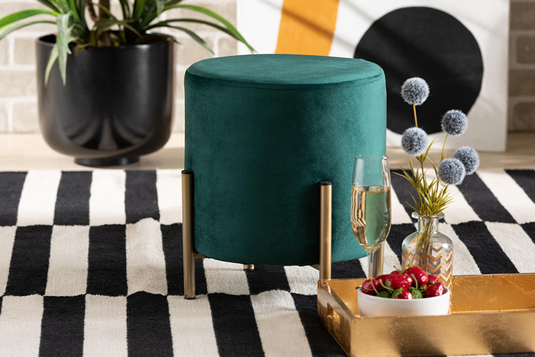 Baxton Studio Thurman Contemporary Glam and Luxe Green Velvet Fabric Upholstered and Gold Finished Metal Ottoman FZD190717-Green Velvet-Ottoman