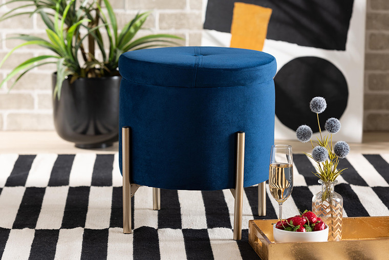Baxton Studio Malina Contemporary Glam and Luxe Navy Blue Velvet Fabric Upholstered and Gold Finished Metal Storage Ottoman FZD200335-Navy Blue Velvet-Ottoman