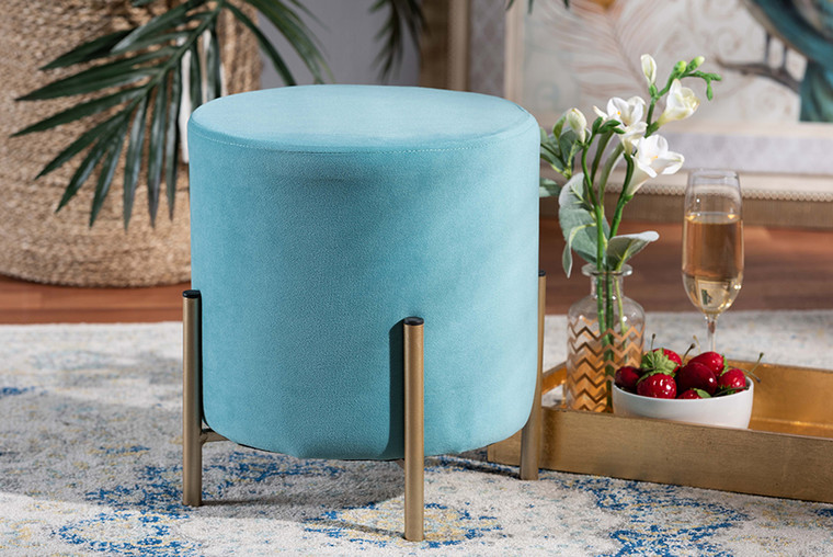 Baxton Studio Thurman Contemporary Glam and Luxe Sky Blue Velvet Fabric Upholstered and Gold Finished Metal Ottoman FZD190717-Light Blue Velvet-Ottoman