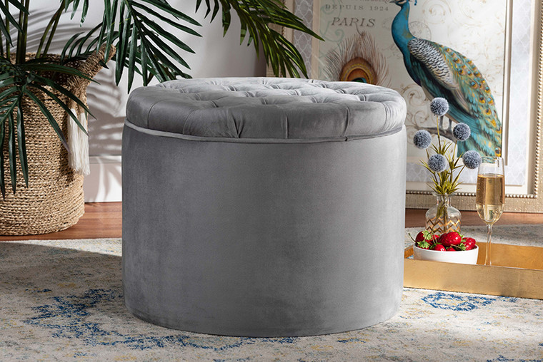 Baxton Studio Livana Contemporary Glam and Luxe Grey Velvet Fabric Upholstered Storage Ottoman FZD0220-Grey Velvet-Ottoman