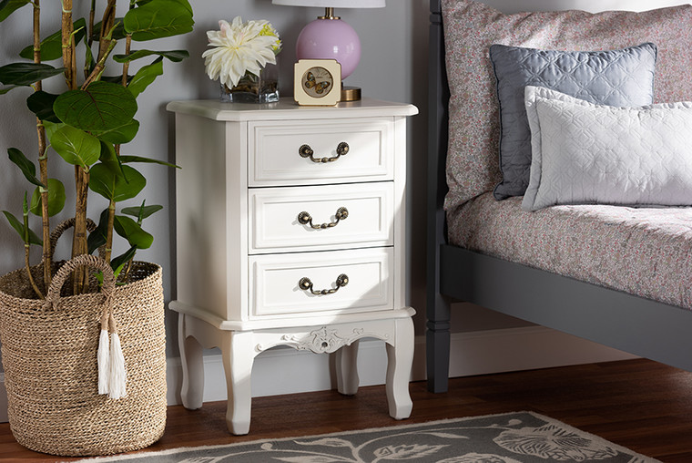 Baxton Studio Gabrielle Traditional French Country Provincial White-Finished 3-Drawer Wood Nightstand ETASW-04-White-NS