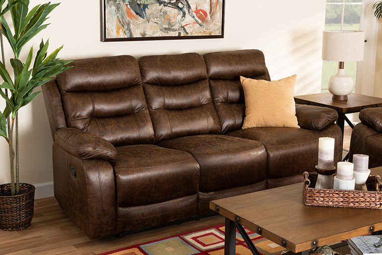 Baxton Studio Beasely Modern and Contemporary Distressed Brown Faux Leather Upholstered 3-Seater Reclining Sofa RR5227-Dark Brown-Sofa