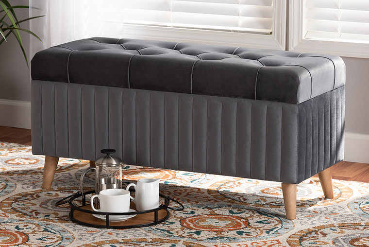 Baxton Studio Hanley Modern and Contemporary Grey Velvet Fabric Upholstered and Walnut Brown Finished Wood Storage Ottoman HY2A19B046S-Grey Velvet-Otto