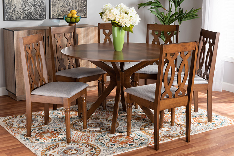 Baxton Studio Callie Modern and Contemporary Grey Fabric Upholstered and Walnut Brown Finished Wood 7-Piece Dining Set Callie-Grey/Walnut-7PC Dining Set