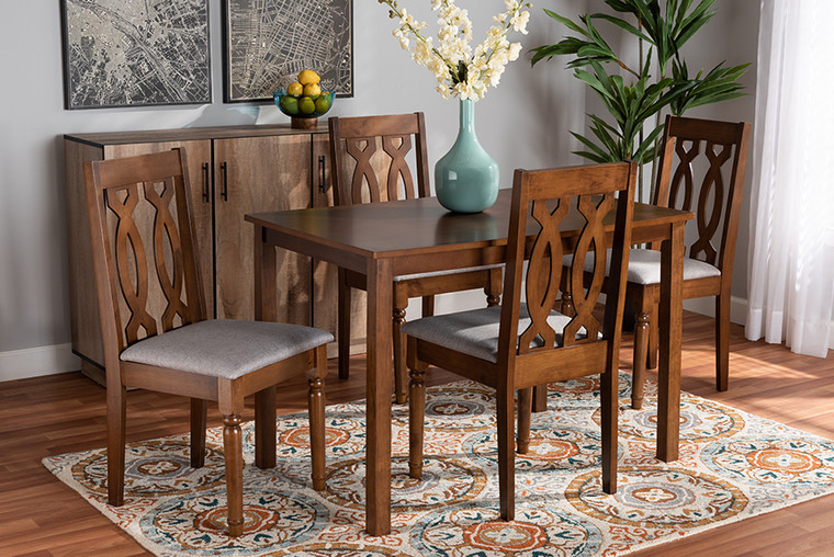 Baxton Studio Cherese Modern and Contemporary Grey Fabric Upholstered and Walnut Brown Finished 5-Piece Wood Dining Set RH334C-Grey/Walnut-5PC Dining Set